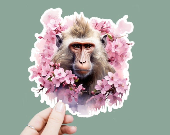 Watercolor Baboon Decal, Satin Finish Sticker, Floral Animal Baboon Laptop Sticker, Window Decal, Water Bottle Decal, 4 Sizes to Choose