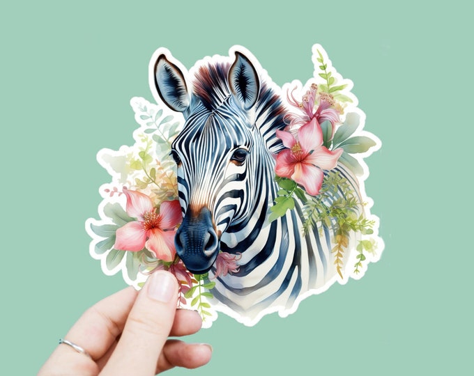 Watercolor Zebra Decal, Satin Finish Sticker, Boho Floral Animal Zebra Sticker Laptop Sticker, Window Decal, Water Bottle Decal, 4 Sizes