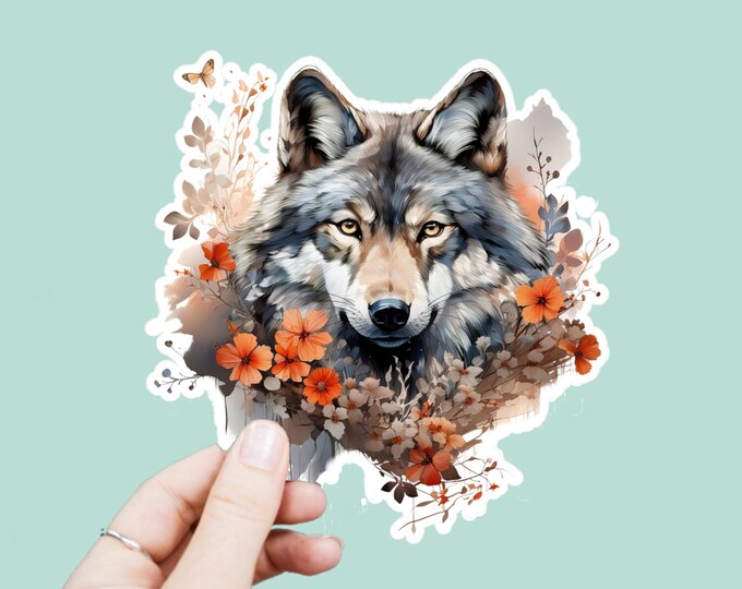 Watercolor Wolf Decal, Satin Finish Sticker, Boho Floral Grey Wolf Laptop Sticker, Window Decal, Water Bottle Decal, 4 Sizes to Choose