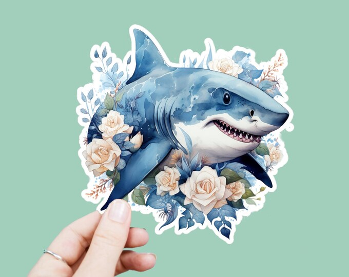 Watercolor Shark Decal, Satin Finish Sticker, Boho Flowers Floral Shark Sticker Laptop Sticker, Window Decal, Water Bottle Decal, 4 Sizes