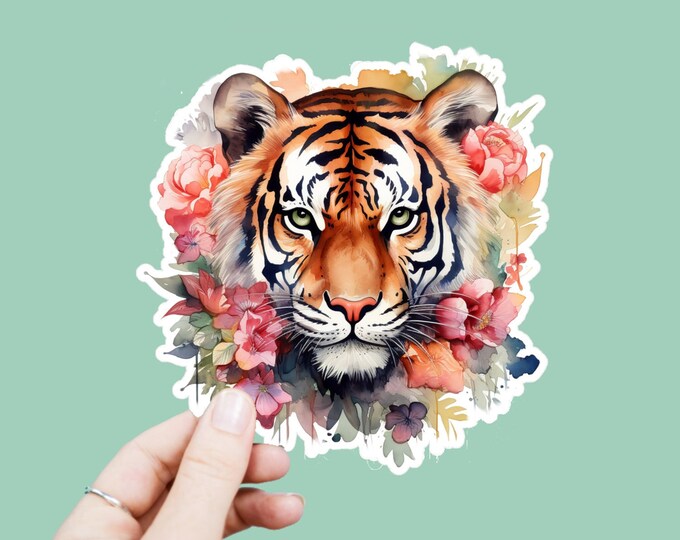 Watercolor Tiger Decal, Satin Finish Sticker, Boho Floral Tiger Animal Sticker Laptop Sticker, Window Decal, Water Bottle Decal, 4 Sizes