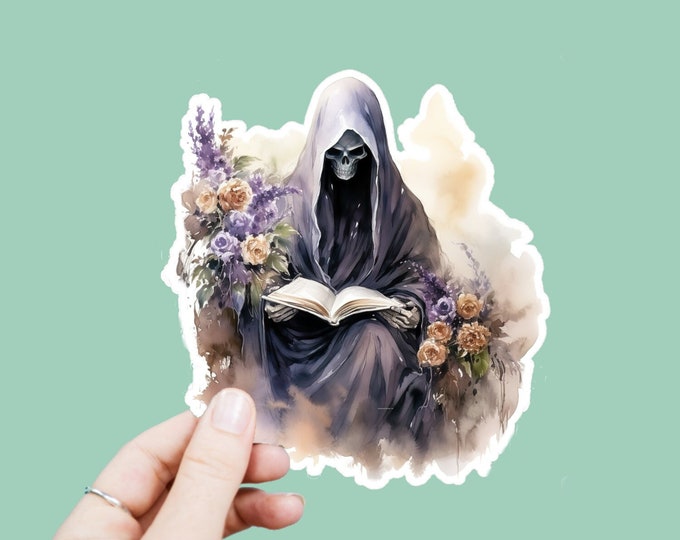 Watercolor Grim Reaper Decal, Satin Finish Sticker, Boho Flowers Skeleton Sticker Laptop Sticker, Window Decal, Water Bottle Decal, 4 Sizes