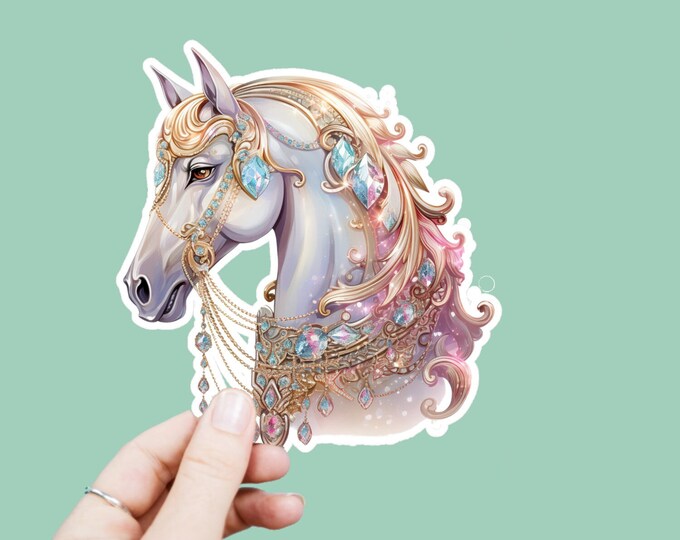 Watercolor Carousel Horse Vinyl Decal, Satin Finish Sticker, Boho Bejeweled Animal Laptop Sticker, Window Decal, Water Bottle Decal, 4 Sizes
