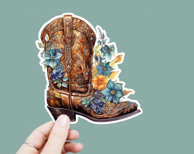 Watercolor Bejeweled Boot Vinyl Decal, Satin Finish Floral Cowboy Boot Sticker, Laptop Sticker, Window Decal, Water Bottle Decal, 4 Sizes