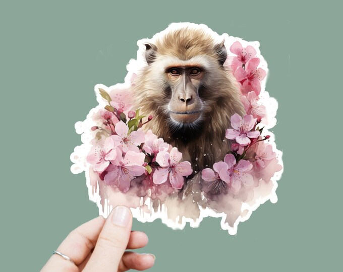 Watercolor Baboon Decal, Satin Finish Sticker, Floral Animal Baboon Laptop Sticker, Window Decal, Water Bottle Decal, 4 Sizes to Choose