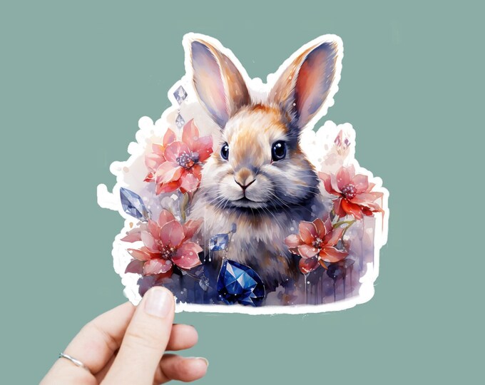 Watercolor Bunny Rabbit Vinyl Decal, Satin Finish Sticker, Boho Floral Animal Laptop Sticker, Window Decal, Water Bottle Decal, 4 Sizes