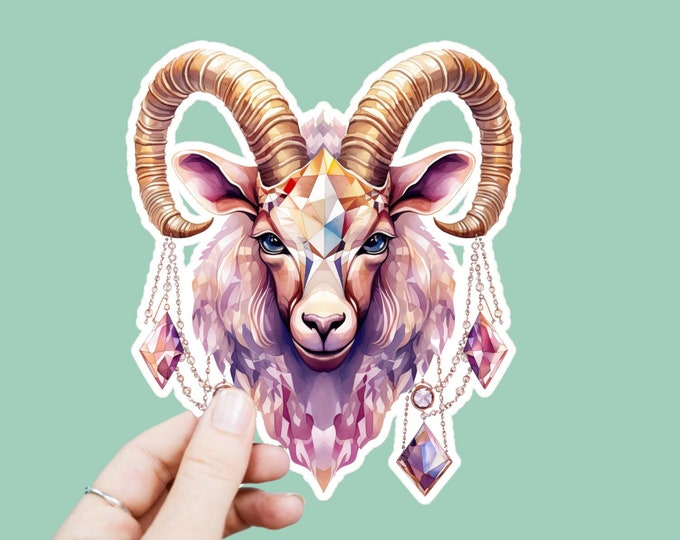 Watercolor Ram Vinyl Decal, Satin Finish Sticker, Boho Bejeweled Animal Laptop Sticker, Window Decal, Water Bottle Decal, 4 Sizes