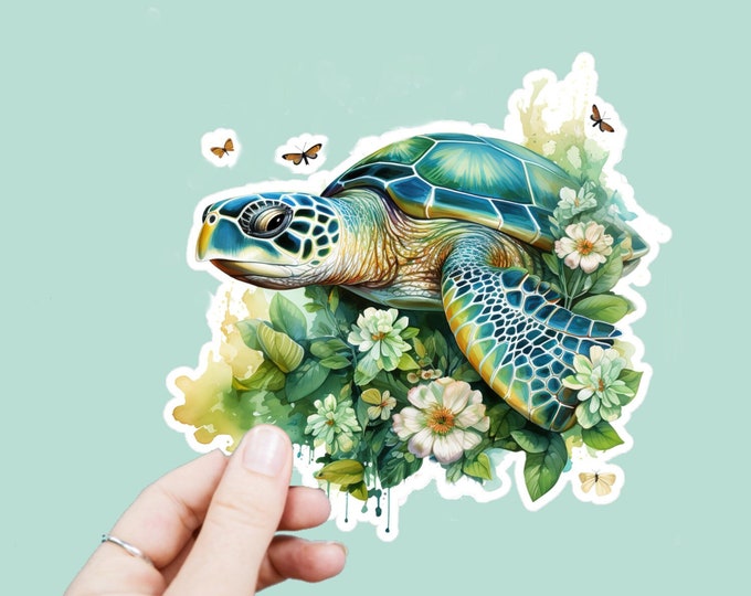 Watercolor Sea Turtle Decal, Satin Finish Sticker, Boho Floral Green Turtle Laptop Sticker, Window Decal, Water Bottle Decal, 4 Sizes