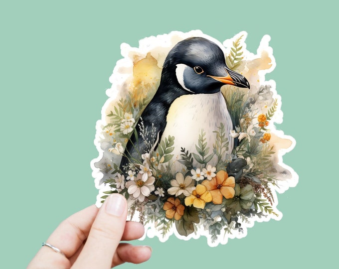 Watercolor Penguin Decal, Satin Finish Sticker, Boho Floral Animal Penguin Sticker Laptop Sticker, Window Decal, Water Bottle Decal, 4 Sizes