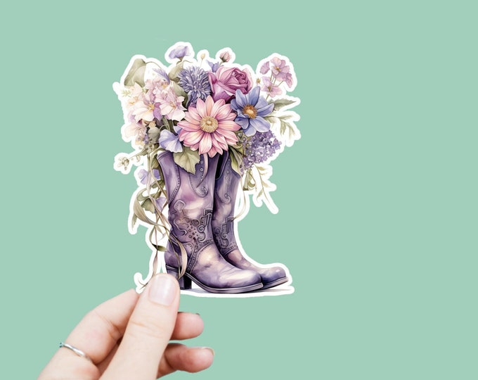 Watercolor French Boot Decal, Satin Finish Sticker, Boho Flowers Boot Sticker Laptop Sticker, Window Decal, Water Bottle Decal, 4 Sizes