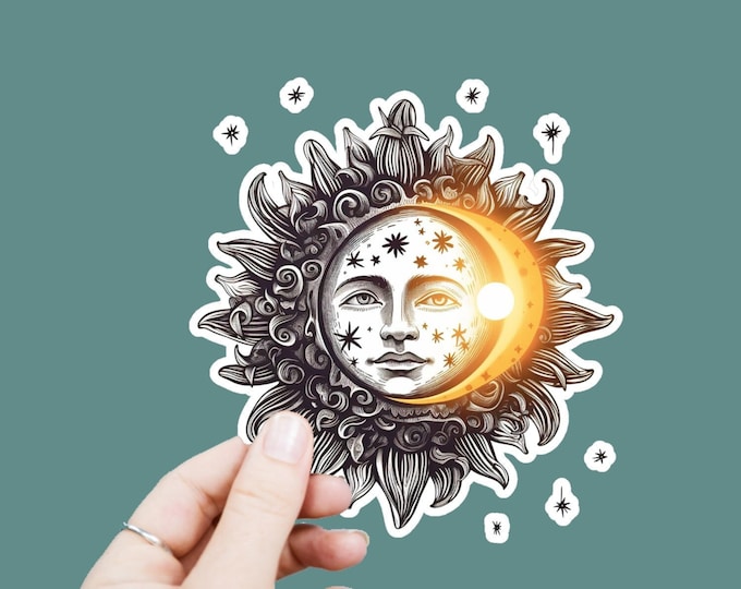 Celestial Vinyl Decal, Satin Finish Sticker, Sun Moon Flowers Laptop Sticker, Window Decal, Water Bottle Decal, 4 Sizes to Choose From