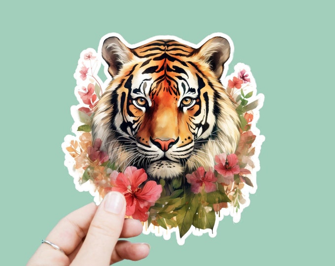 Watercolor Tiger Decal, Satin Finish Sticker, Boho Floral Animal Tiger Sticker Laptop Sticker, Window Decal, Water Bottle Decal, 4 Sizes