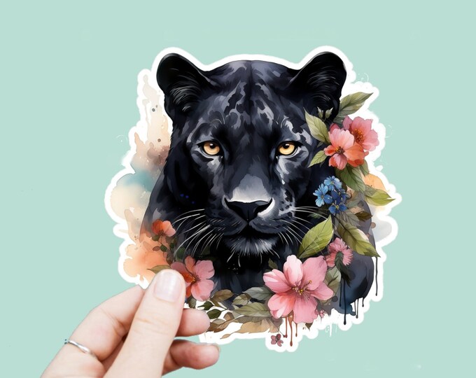 Watercolor Black Jaguar Decal, Satin Finish Sticker, Boho Floral Big Cat Laptop Sticker, Window Decal, Water Bottle Decal, 4 Sizes