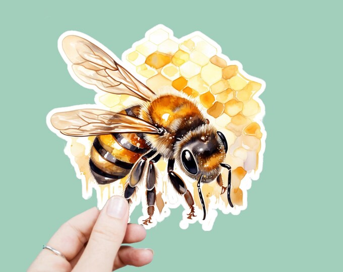 Watercolor Honeybee Vinyl Decal, Satin Finish Sticker, Boho Bejeweled Bee Laptop Sticker, Window Decal, Water Bottle Decal, 4 Sizes