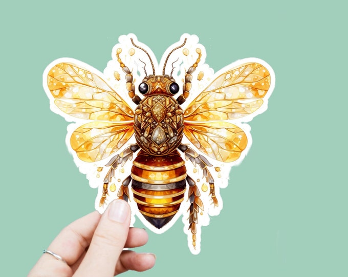 Watercolor Honeybee Vinyl Decal, Satin Finish Sticker, Boho Bejeweled Bee Laptop Sticker, Window Decal, Water Bottle Decal, 4 Sizes