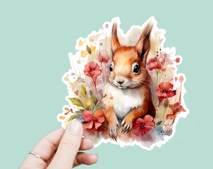 Watercolor Woodland Squirrel Decal, Satin Finish Sticker, Boho Floral Squirrel Laptop Sticker, Window Decal, Water Bottle Decal, 4 Sizes