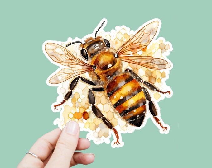 Watercolor Honeybee Vinyl Decal, Satin Finish Sticker, Boho Bejeweled Bee Laptop Sticker, Window Decal, Water Bottle Decal, 4 Sizes