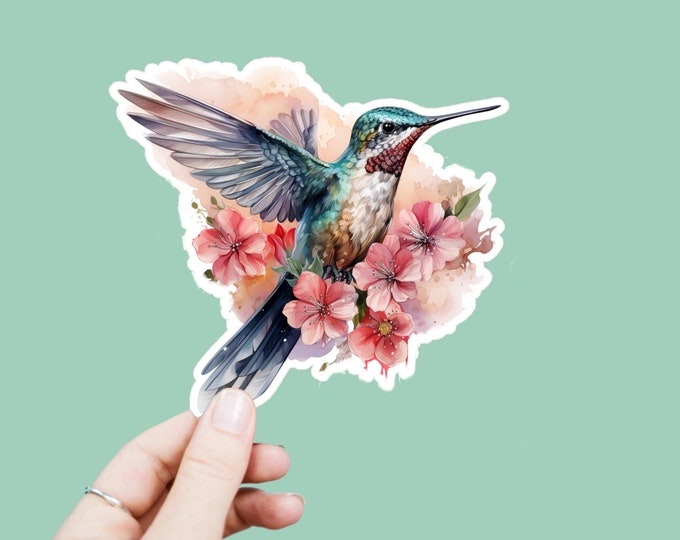 Watercolor Hummingbird Decal, Satin Finish Sticker, Boho Flowers Bird Sticker Laptop Sticker, Window Decal, Water Bottle Decal, 4 Sizes