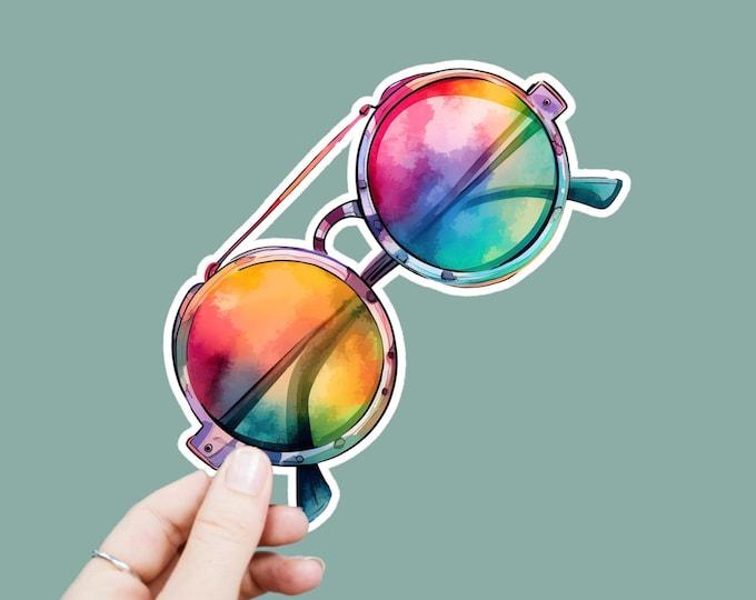 Watercolor Hippie Sunglasses Vinyl Decal, Satin Finish Boho Glasses Sticker, Laptop Sticker, Window Decal, Water Bottle Decal, 4 Sizes