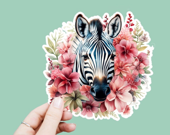 Watercolor Zebra Decal, Satin Finish Sticker, Boho Floral Zebra Animal Sticker Laptop Sticker, Window Decal, Water Bottle Decal, 4 Sizes