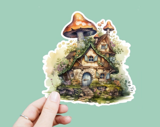 Watercolor Woodland Fairy Mushroom Cottage Decal, Satin Finish Sticker, Boho Laptop Sticker, Window Decal, Water Bottle Decal, 4 Sizes