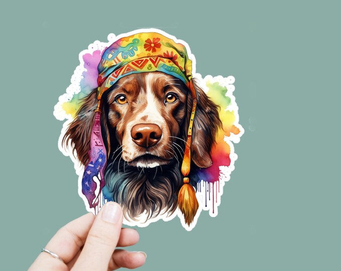 Watercolor Hippie Dog Vinyl Decal, Satin Finish Boho Dog Animal Sticker, Laptop Sticker, Window Decal, Water Bottle Decal, 4 Sizes