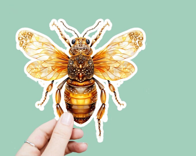 Watercolor Honeybee Vinyl Decal, Satin Finish Sticker, Boho Bejeweled Bee Laptop Sticker, Window Decal, Water Bottle Decal, 4 Sizes