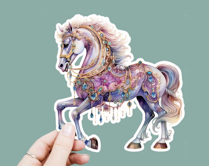 Watercolor Carousel Horse Vinyl Decal, Satin Finish Bejeweled Horse Sticker, Laptop Sticker, Window Decal, Water Bottle Decal, 4 Sizes