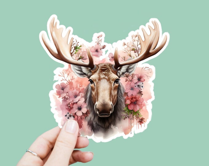 Watercolor Floral Moose Decal, Satin Finish Sticker, Boho Flowers Animal Sticker Laptop Sticker, Window Decal, Water Bottle Decal, 4 Sizes