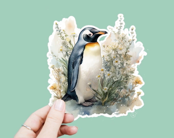 Watercolor Penguin Decal, Satin Finish Sticker, Boho Floral Animal Penguin Sticker Laptop Sticker, Window Decal, Water Bottle Decal, 4 Sizes