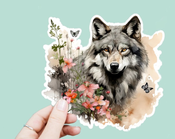 Watercolor Wolf Decal, Satin Finish Sticker, Boho Floral Grey Wolf Laptop Sticker, Window Decal, Water Bottle Decal, 4 Sizes to Choose