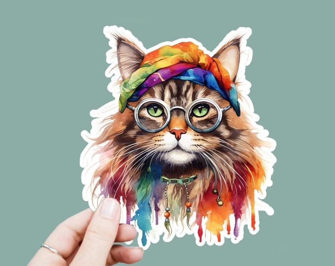 Watercolor Hippie Cat Vinyl Decal, Satin Finish Boho Cat Animal Sticker, Laptop Sticker, Window Decal, Water Bottle Decal, 4 Sizes