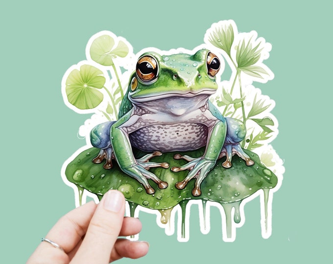 Watercolor Woodland Frog Vinyl Decal, Satin Finish Sticker, Boho Frog Laptop Sticker, Window Decal, Water Bottle Decal, 4 Sizes