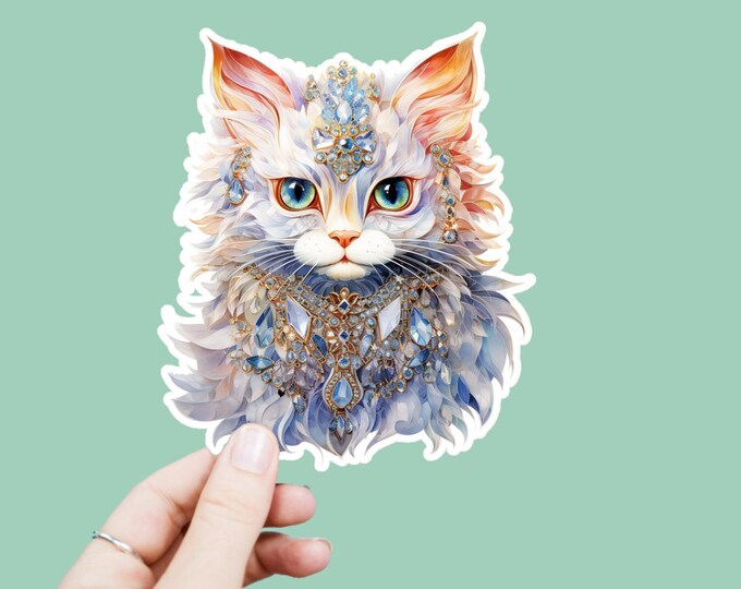 Watercolor Bejeweled Cat Decal, Satin Finish Sticker, Boho Crystal Kitten Sticker Laptop Sticker, Window Decal, Water Bottle Decal, 4 Sizes