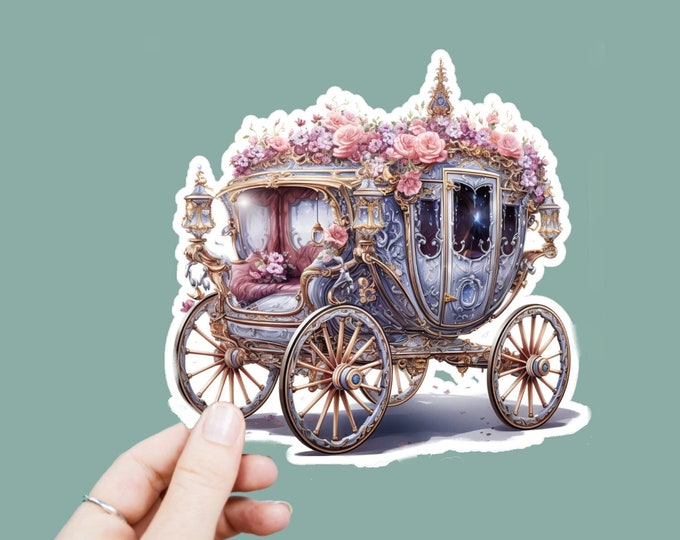 Whimsical Bejeweled Carriage Vinyl Decal, Satin Finish Floral Carriage Sticker, Laptop Sticker, Window Decal, Water Bottle Decal, 4 Sizes