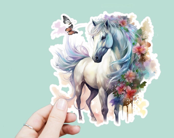 Watercolor White Horse Decal, Satin Finish Sticker, Boho Flowers Horse Laptop Sticker, Window Decal, Water Bottle Decal, 4 Sizes to Choose