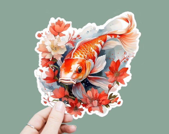 Watercolor Koi Fish Decal, Satin Finish Sticker, Floral Japanese Koi Laptop Sticker, Window Decal, Water Bottle Decal, 4 Sizes to Choose