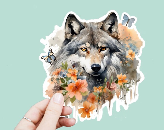 Watercolor Wolf Decal, Satin Finish Sticker, Boho Floral Grey Wolf Laptop Sticker, Window Decal, Water Bottle Decal, 4 Sizes to Choose
