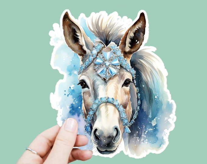 Watercolor Donkey Vinyl Decal, Satin Finish Sticker, Boho Bejeweled Donkey Laptop Sticker, Window Decal, Water Bottle Decal, 4 Sizes