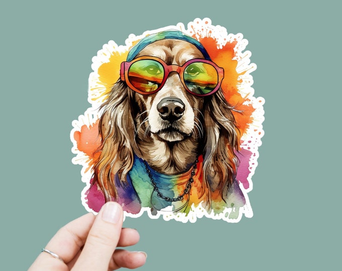 Watercolor Hippie Dog Vinyl Decal, Satin Finish Boho Dog Animal Sticker, Laptop Sticker, Window Decal, Water Bottle Decal, 4 Sizes