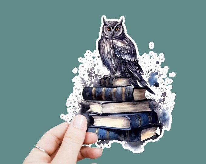 Owl Books Vinyl Decal, Satin Finish Sticker, Watercolor Dark Academia Laptop Sticker, Window Decal, Water Bottle Decal, 4 Sizes to Choose