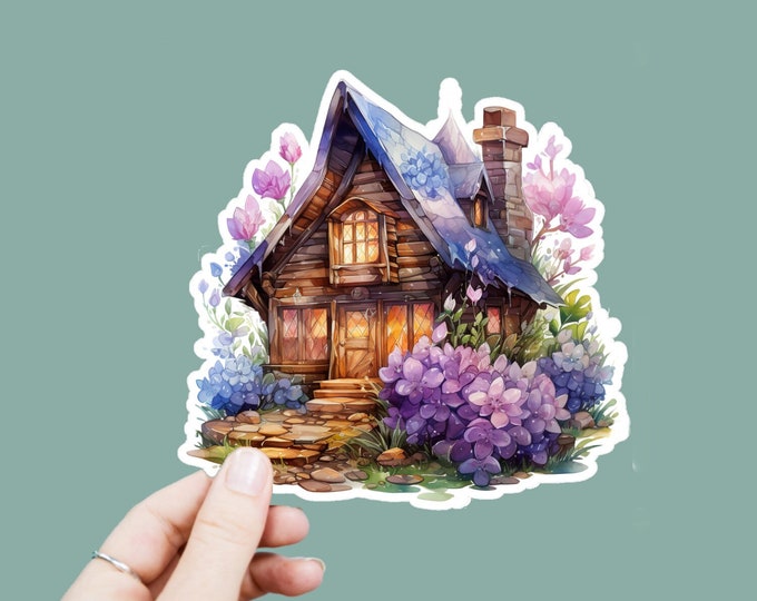 Whimsical Log Cabin Vinyl Decal, Satin Finish Floral Witchy Cottage Sticker, Laptop Sticker, Window Decal, Water Bottle Decal, 4 Sizes