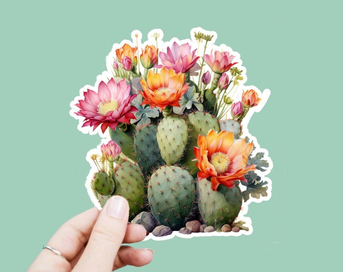 Watercolor Floral Cactus Decal, Satin Finish Sticker, Boho Flower Cactus Sticker Laptop Sticker, Window Decal, Water Bottle Decal, 4 Sizes
