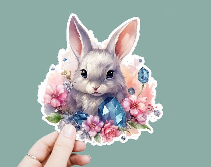 Watercolor Rabbit Vinyl Decal, Satin Finish Sticker, Floral Bunny Animal Laptop Sticker, Window Decal, Water Bottle Decal, 4 Sizes