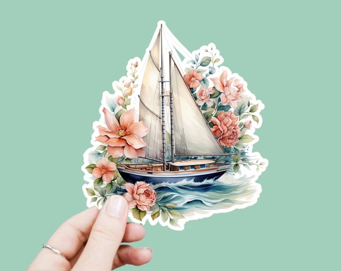 Watercolor Sailboat Decal, Satin Finish Sticker, Boho Floral Boat Sticker Laptop Sticker, Window Decal, Water Bottle Decal, 4 Sizes