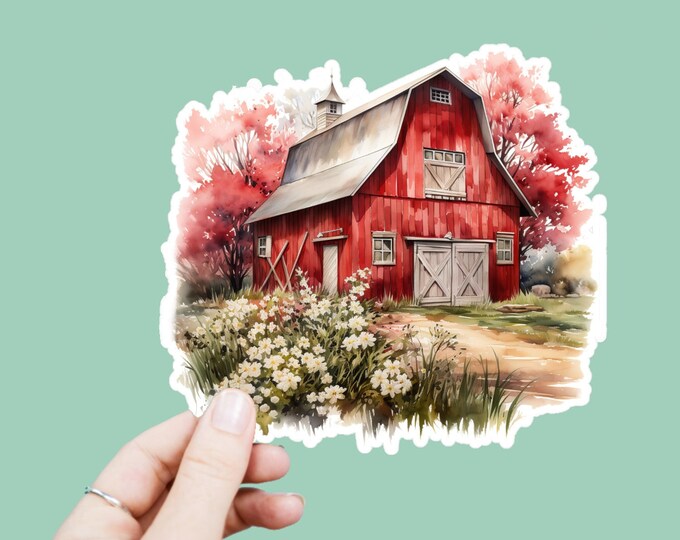 Watercolor Red Barn Decal, Satin Finish Sticker, Boho Autumn Barn Sticker Laptop Sticker, Window Decal, Water Bottle Decal, 4 Sizes