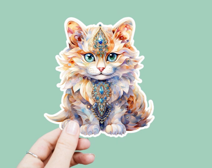 Watercolor Bejewled Cat Decal, Satin Finish Sticker, Boho Crystal Kitten Sticker Laptop Sticker, Window Decal, Water Bottle Decal, 4 Sizes