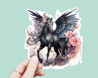 Watercolor Black Pegasus Decal, Satin Finish Sticker, Floral Boho Horse Laptop Sticker, Window Decal, Water Bottle Decal, 4 Sizes to Choose