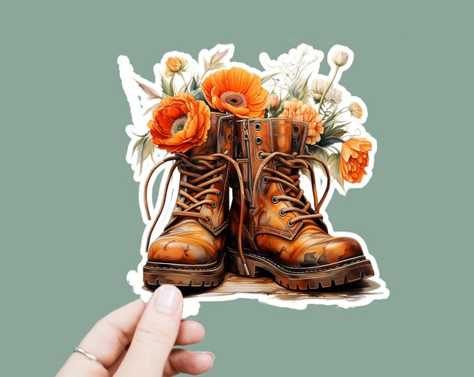 Flowers in Boots Decal, Satin Finish Sticker, Boho Country Boots Sticker Laptop Sticker, Window Decal, Water Bottle Decal, 4 Sizes