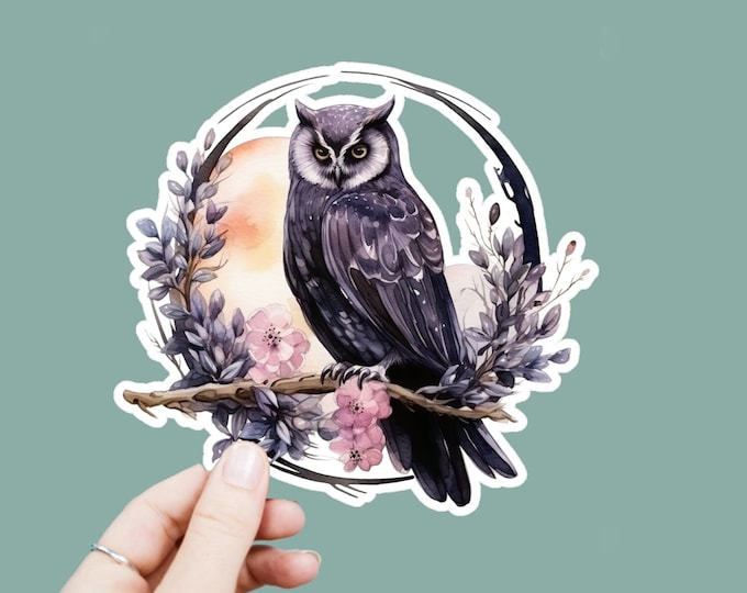 Watercolor Black Owl Vinyl Decal, Satin Finish Sticker, Boho Floral Owl Laptop Sticker, Window Decal, Water Bottle Decal, 4 Sizes